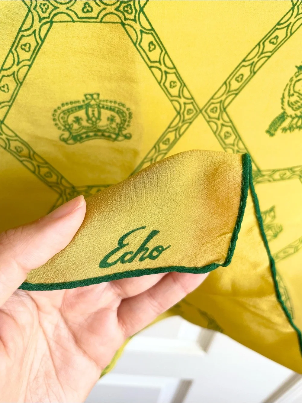 Vintage Echo Hand Rolled Scarf Honeycomb Crest Of Arms Chartreuse Silk?